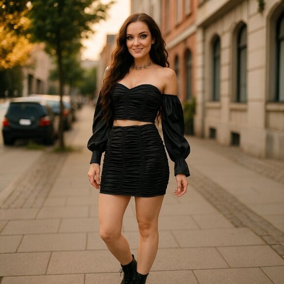 Up All Night Black Ruched Satin Off Shoulder Crop Top & Mini Skirt Set Sz S - Picture 3 of 4